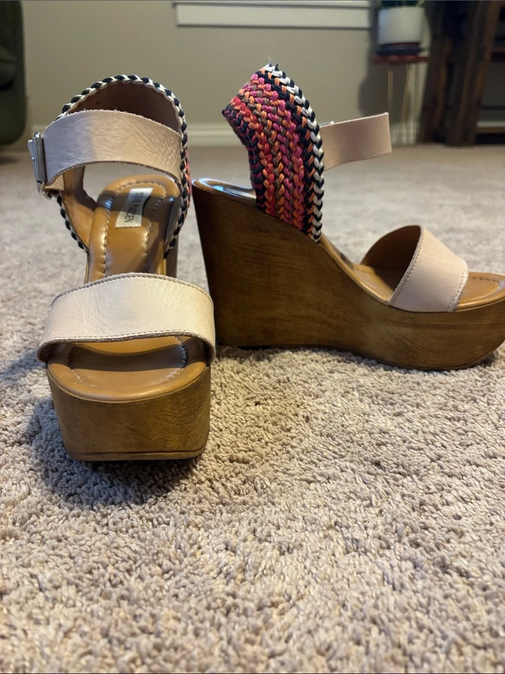 Steve Madden Neutral Platform Wedge Sandals with Pink Braided Heel Made in Italy